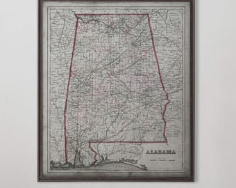 Alabama Map, State Map of Alabama,  Antique Alabama Wall Art, Alabama Home Decor, Vintage Alabama Map
