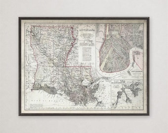 Vintage Louisiana Map Print, State Wall Art, New Orleans Bayou Home Decor Gift