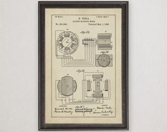 Nikola Tesla Electric Motor Patent Print, 1888, Vintage Invention Drawing, Industrial Wall Art Gift