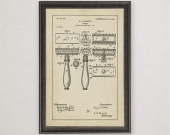 King Gillette Razor Patent Print, 1904, Vintage Invention Drawing, Industrial Wall Art Gift