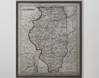 Illinois State Map Print, Vintage Midwest Wall Art, Chicago Region Decor