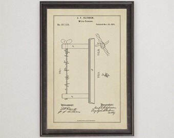 Joseph Glidden Barbed Wire Patent Print, 1874, Vintage Invention Drawing, Industrial Wall Art Gift