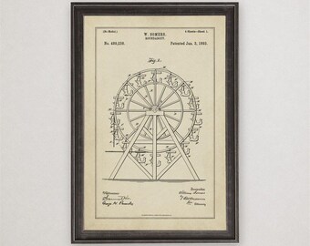 William Somers Pleasure Wheel Patent Print, 1893, Vintage Invention Drawing, Industrial Wall Art Gift