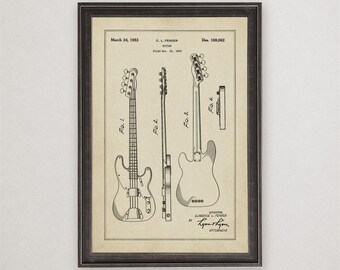 Clarence Fender Guitar Design Patent Print, 1953, Vintage Invention Drawing, Industrial Wall Art Gift