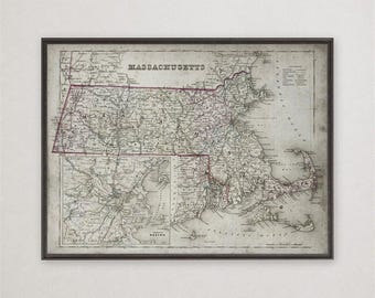 Vintage Massachusetts Map Print, Bay State Wall Art, New England Home Decor Gift