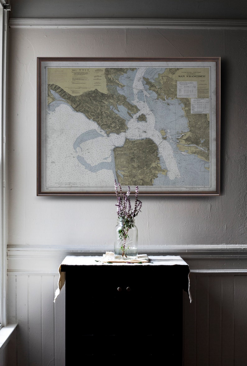 Circa 20th C. Nautical Map of the Bay Area Vintage Wall Art Home Decor Framed Options Available San Francisco Bay Area Map