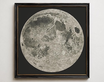 Mapa lunar vintage impresso, arte de parede com mapa lunar antigo, pôster de astronomia da lua cheia, presente de decoração celestial