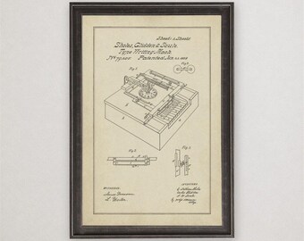 Type-Writing Machine Patent Print, 1868, Vintage Invention Drawing, Industrial Wall Art Gift