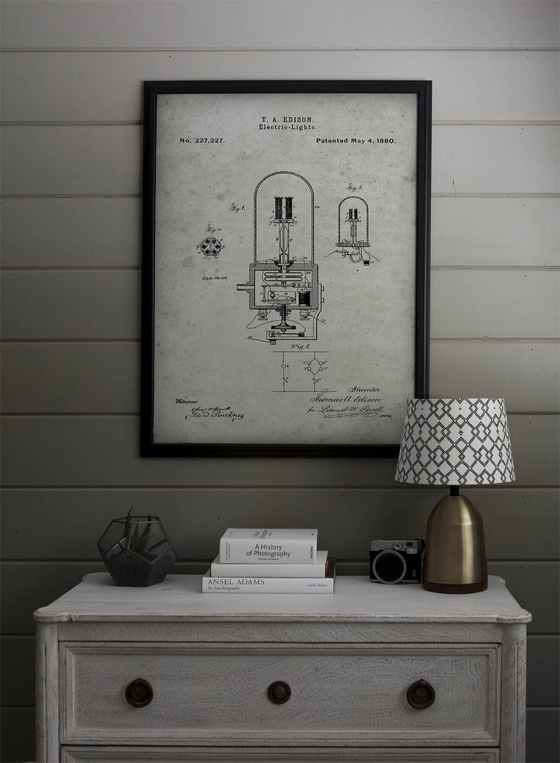 Vintage Edison Light Bulb Patent Print, Antique Electric Lamp Blueprint