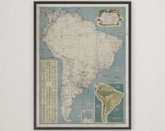 Vintage South America Map Print, Continent Map, Latin America Travel Wall Art