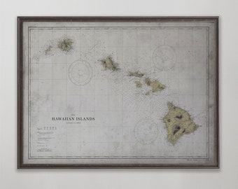 Hawaii Map Print, Hawaii Nautical Chart, Home Decor Wall Art, Vintage Prints, Anniversary Gift, Wedding Gift Ideas, Framed Wall Art