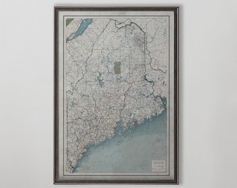 Maine State Map Print, Vintage New England Wall Art, Portland Bar Harbor Acadia Decor Gift