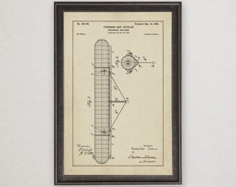 Ferdinand Zeppelin Navigable Balloon Patent Print, 1899, Vintage Invention Drawing, Industrial Wall Art Gift