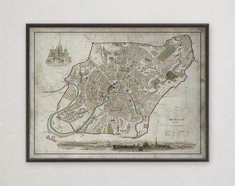 Vintage Moscow Map Print, Russian City Plan Wall Art