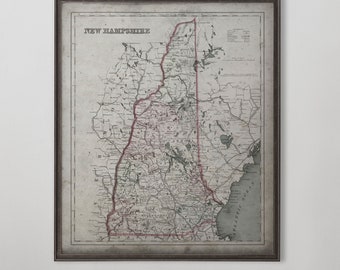 New Hampshire Map, State Map of New Hampshire Map, Vintage Wall Art, Home Decor Wall Map, Circa 1850's, Anniversary gift for him 1 year