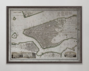 New York City Map, Vintage Map of Manhattan Island, Vintage Wall Art,  Vintage Wall Art,  Vintage Wall Decor