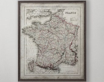 France Map,Map of France, Vintage Wall Art, Home Decor Wall Map, Circa 1850's Vintage Wall Art,  Vintage Wall Decor