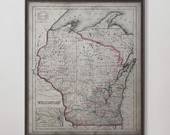 Antique Wisconsin Map Print, Vintage Wisconsin State Wall Art Gift