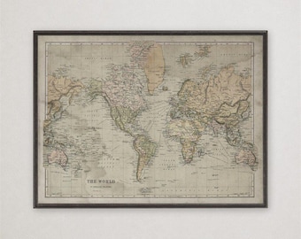 18th Century World Map Print, Vintage Double Hemisphere Map, World Wall Art, Library Office Decor
