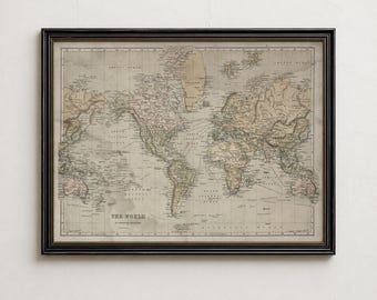 Stampa di una mappa del mondo del XVIII secolo, mappa vintage a doppio emisfero, arte murale antica con mappa del mondo, decorazione per biblioteca e ufficio.