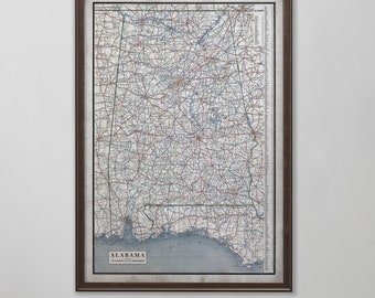 Alabama Map, Vintage Map of Alabama, Road Map, Vintage Wall Art, Mid 20th Century Vintage Wall Art,  Vintage Wall Decor