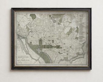 Mappa vintage di Washington DC, quadro antico della capitale, idea regalo per l'ufficio nel Distretto di Columbia.