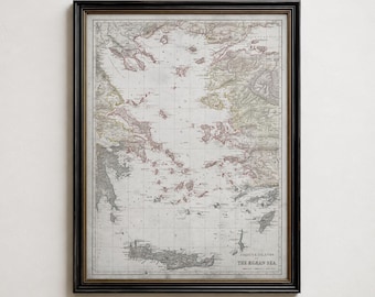 Aegean Sea Nautical Chart, Greek Islands Map, Vintage Mediterranean Wall Art