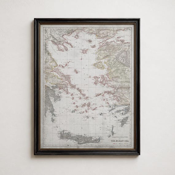 Vintage Aegean Sea Nautical Chart Print 1890s, Greek Islands Map, Mediterranean Coastal Wall Art Decor
