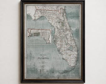 Stampa vintage della mappa della Florida, mappa antica dello stato da appendere al muro, arredamento costiero della Florida d'epoca, regalo dallo Stato del Sole
