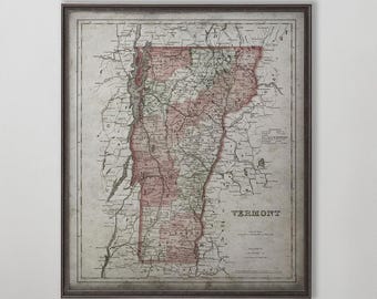 Vermont State Map Print, Vintage Green Mountain Wall Art, New England Cabin Decor Gift