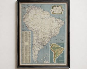 Vintage South America Map Print, Antique Continent Map, Latin America Travel Wall Art