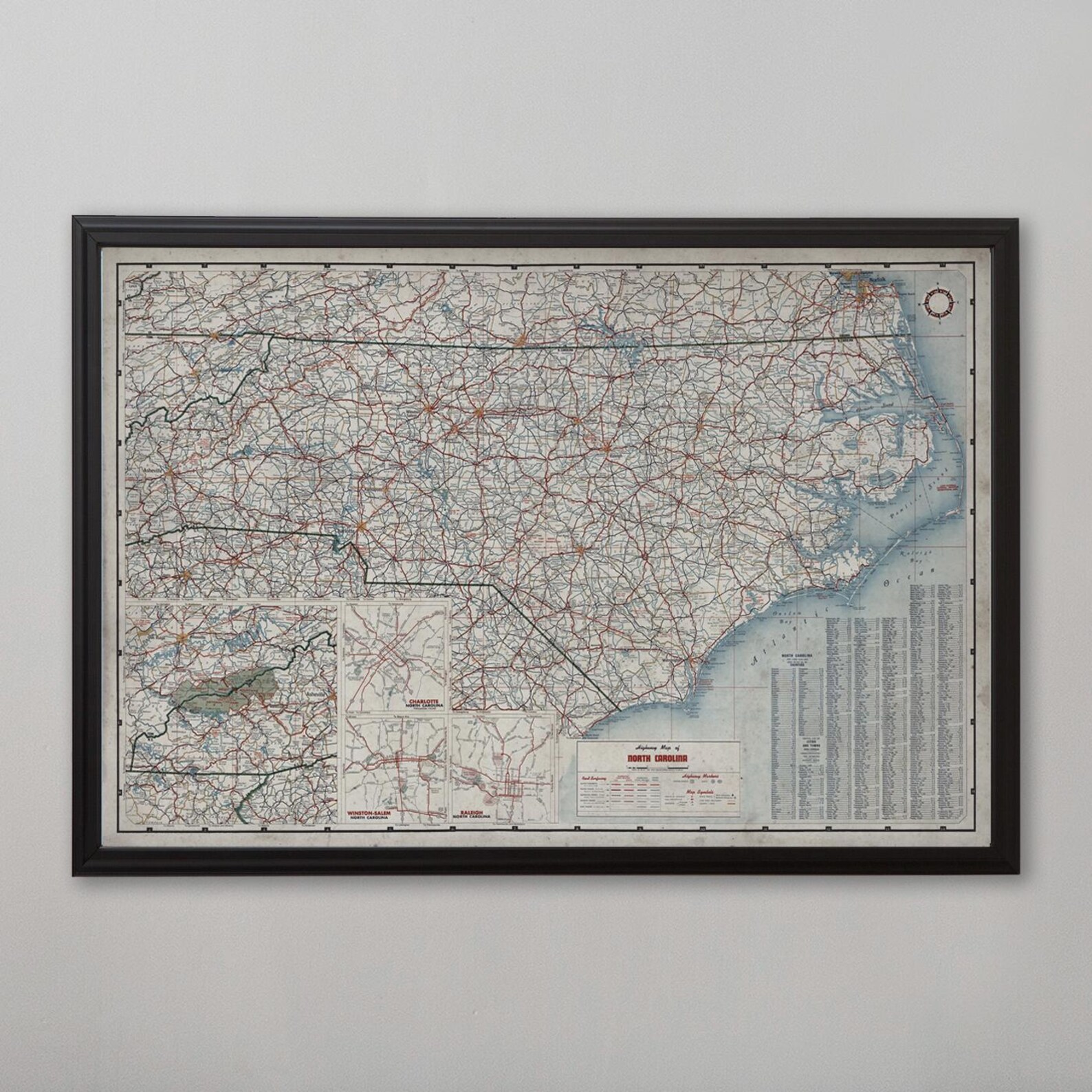 North Carolina Road Map, Vintage Map of North Carolina, Vintage Wall ...