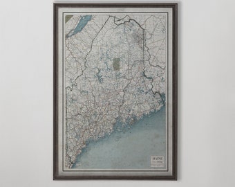 Maine Map, Vintage Map of Maine, Road Map, Vintage Wall Art, Early 20th Century, Anniversary Gift, Wedding Gift, Cool Gift Ideas