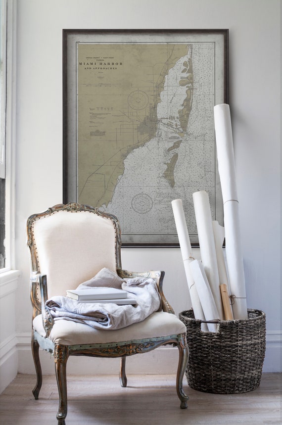 Miami Map Nautical Map Of Miami Florida Vintage Wall Art Etsy