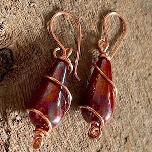 Swirling Dervish: Czech glass bead, Czech glass, Czech earrings, dangle earrings, spiral earrings, copper spiral,