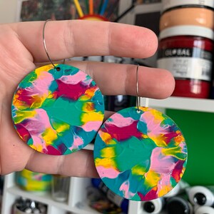 unique earrings bright earrings handpainted earrings fun colourful jewellery Abstract Art wearable art textured earrings