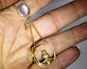 Bespoke Edwardian Owl Crescent Moon Moonstone 9ct Gold Negligee Necklace