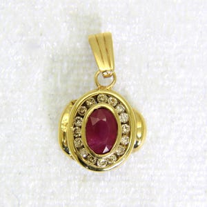 Lovely Ruby & 0.25ct Diamond Cluster 9ct Yellow Gold Pendant