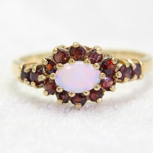 May include: A gold ring with a white opal surrounded by red garnets.