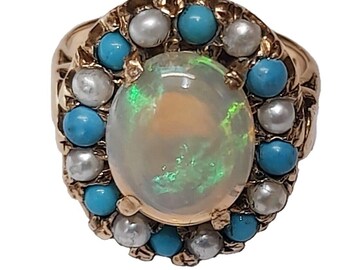 RESERVED*Large Vintage Opal Turquoise Pearl Cluster 9ct Yellow Gold Ring size K ~ 5 1/4