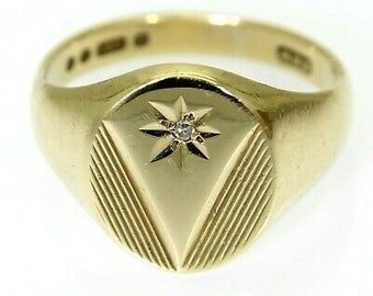 RESERVADO* Anillo de sello vintage de diamantes grandes en oro amarillo de 9 quilates, talla P ~ 7 3/4