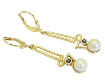 Stylish Sapphire and Pearl 9ct Yellow Gold Dropper Earrings