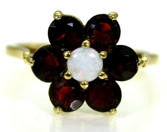 Large Opal & Garnet Cluster 9ct Yellow Gold Ring size K 1/2 ~ 5 1/2