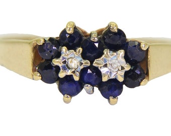 Vintage Sapphire & Diamond Double Cluster 9ct Yellow Gold ring size L ~ 5 3/4