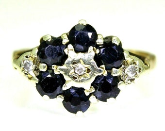 Black Sapphire & Diamond 9ct Yellow Gold Cluster Ring size K ~ 5 1/4