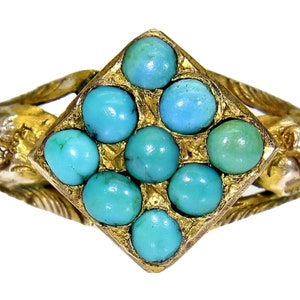 Victorian Turquoise Cluster Locket Back Memorial 9ct Yellow Gold Ring J 1/2 ~ 5