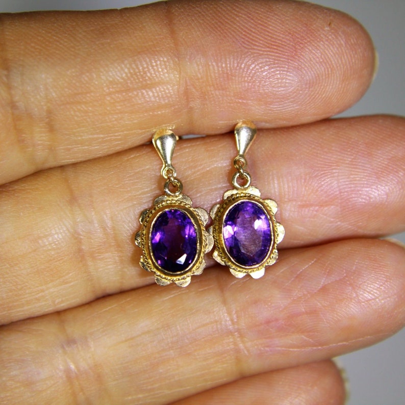 Rope Twist Oval Amethyst 9ct Yellow Gold Drop Stud Earrings