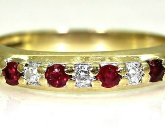 Quality Ruby & Diamond Half Eternity 9ct Yellow Gold Ring size L  ~ 5 3/4