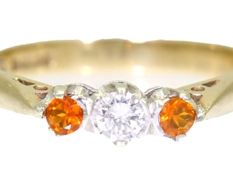 Fire Opal & 0.18ct Diamond Trilogy 9ct Yellow Gold ring size L 1/2 ~ 6