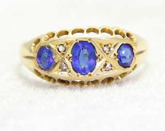 Antique 18ct Yellow Gold Sapphire Paste & Diamond Ring Size Q ~ US 8